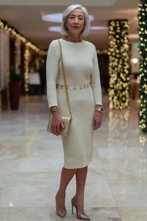 A woman over 50 wears a pearl-buttoned cream knit dress, dark heeled pumps, a gold chain clutch bag, chic modern party environment with Christmas garlands softly blurred behind 
