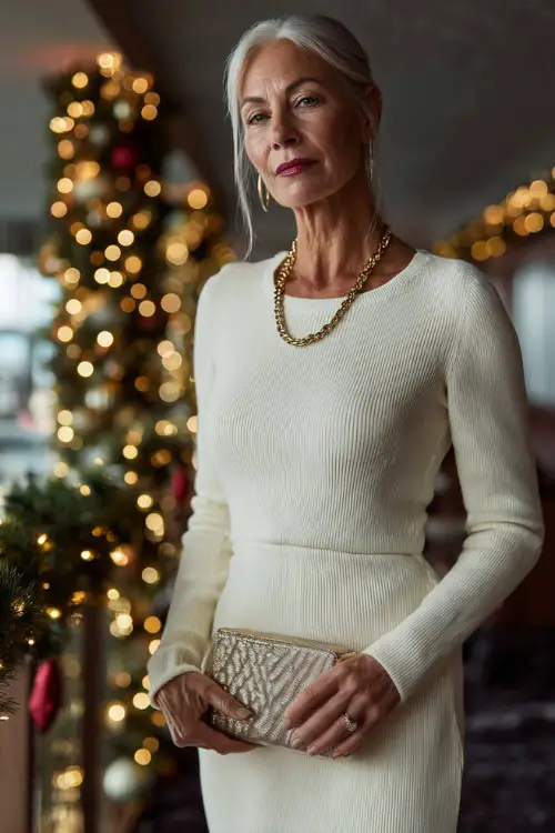A woman over 50 wears a pearl-buttoned cream knit dress, dark heeled pumps, a gold chain clutch bag