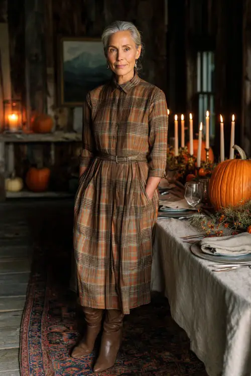 A woman over 50 wears a plaid midi dress with a belted waist and ankle boots, standing near a Thanksgiving table decorated with pumpkins and candles 