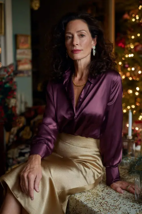 A woman over 50 wears a plum silk blouse tucked into a gold shimmer midi skirt, crystal earrings, leather heels