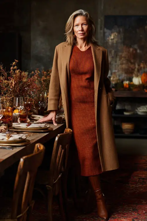 A woman over 50 wears a rust-colored knit dress with a long camel coat and heeled boots, standing beside a beautifully set Thanksgiving dining table 
