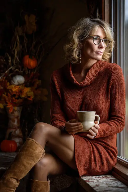 A woman over 50 wears a rust-colored sweater dress with tights and suede ankle boots, holding a mug of coffee beside a window with fall decorations