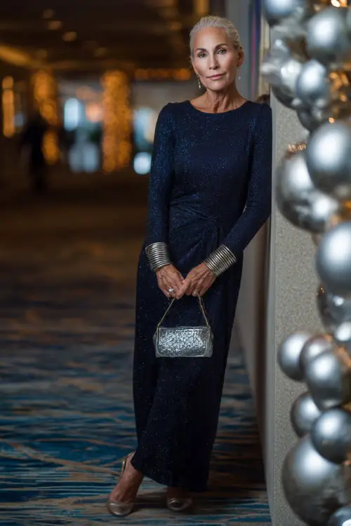 A woman over 50 wears a shimmering navy long sleeve gown, silver bangles, pointed heels, crystal mini handbag