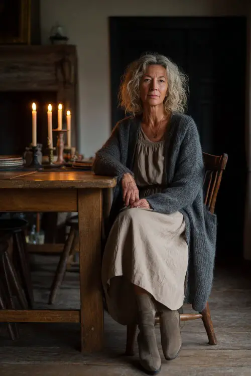 A woman over 50 wears a simple midi dress with a long cardigan and flat boots, sitting at a wooden dining table with soft candlelight 