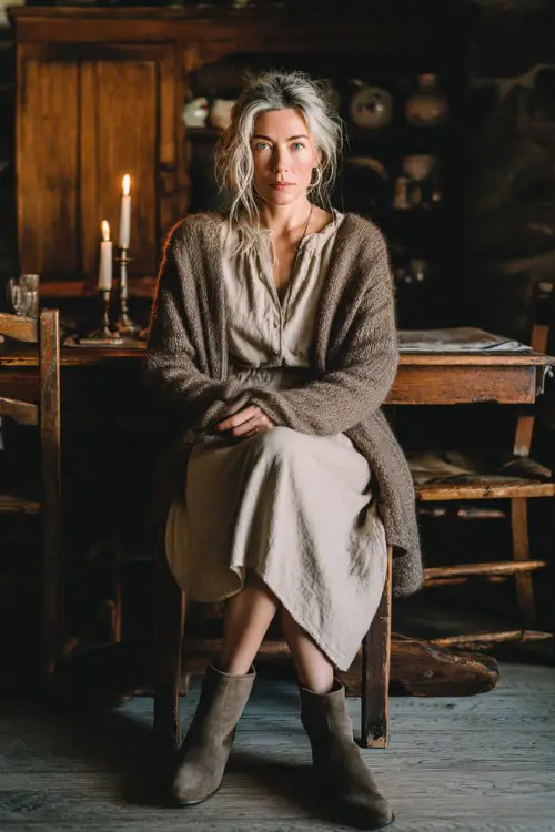 A woman over 50 wears a simple midi dress with a long cardigan and flat boots, sitting at a wooden dining table with soft candlelight