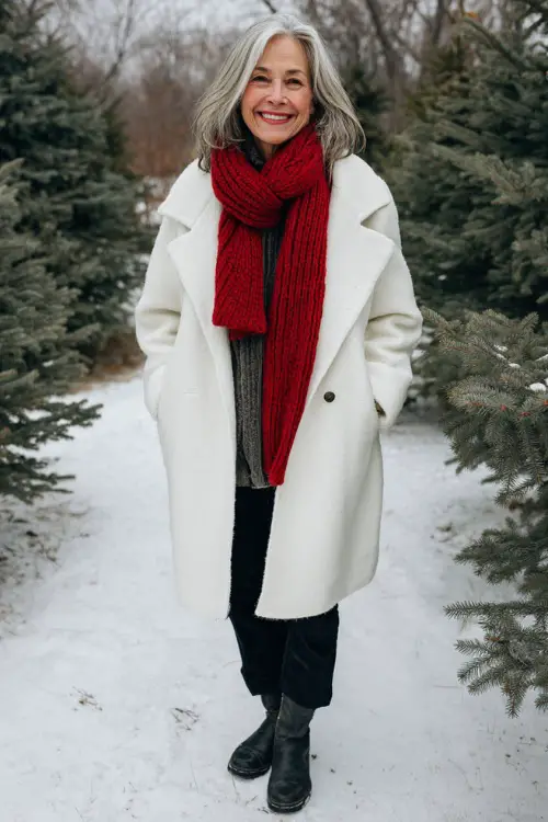 A woman over 50 wears a snowy-white wool coat, red knit scarf, black pants, classic low-heel boots
