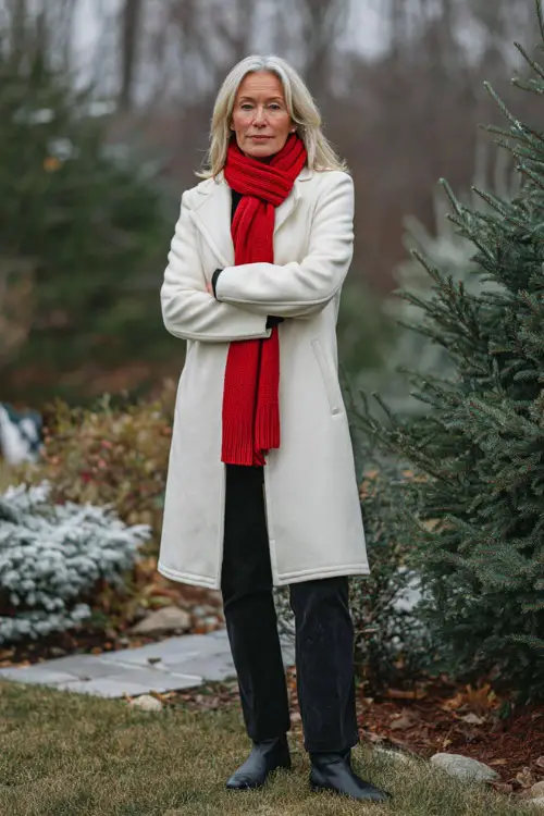 A woman over 50 wears a snowy-white wool coat, red knit scarf, black pants, classic low-heel boots 