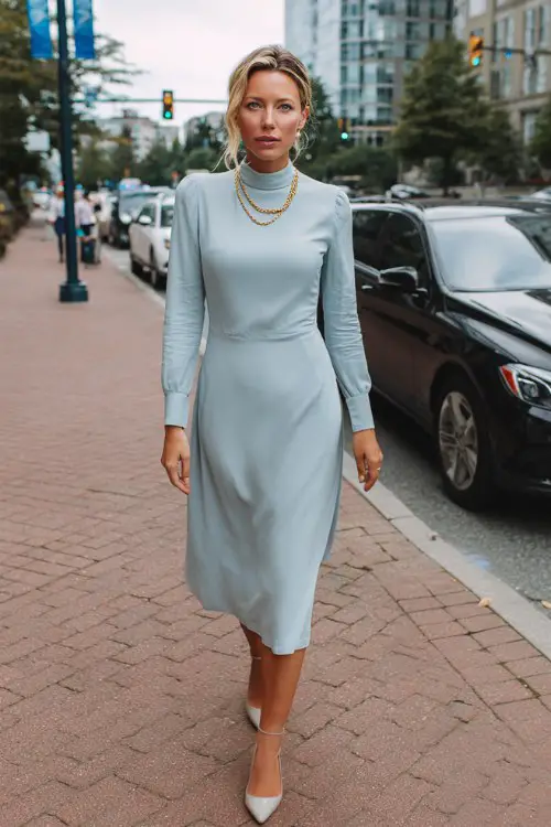 A woman over 50 wears a soft blue midi dress with a high neckline and long sleeves, styled with pumps and a delicate gold necklace