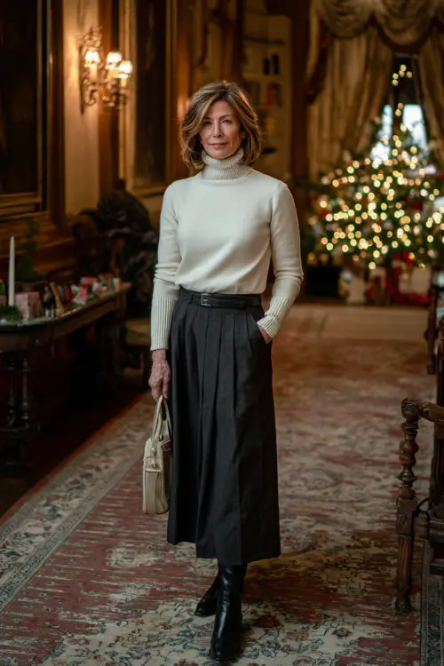 A woman over 50 wears a soft ivory cashmere turtleneck tucked into a charcoal pleated maxi skirt, small pearl handbag, leather block-heel boots 