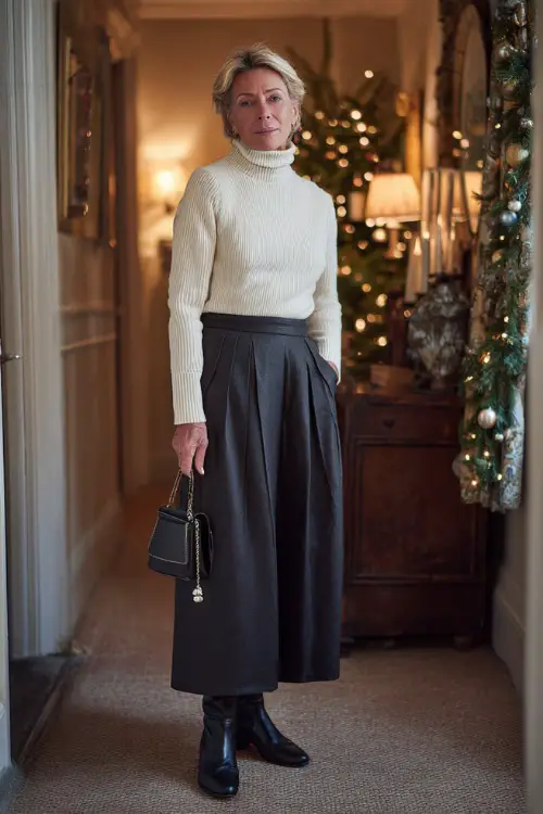 A woman over 50 wears a soft ivory cashmere turtleneck tucked into a charcoal pleated maxi skirt, small pearl handbag, leather block-heel boots