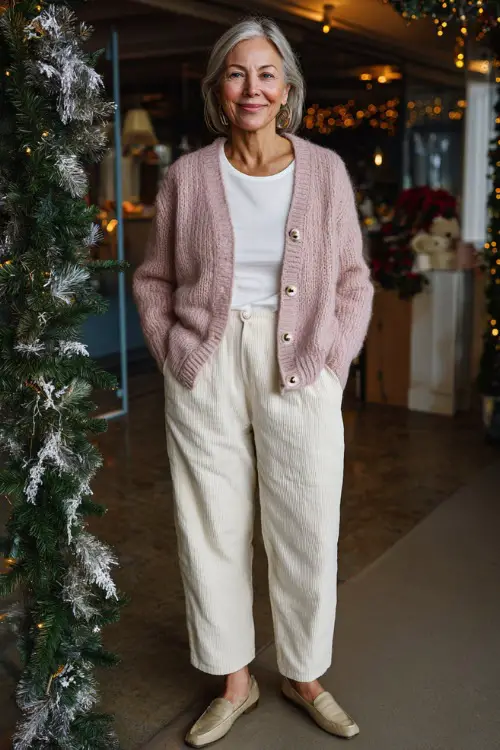 A woman over 50 wears a soft pastel pink wool cardigan with pearl buttons, a white tee, relaxed cream trousers, and comfy loafers with a low heel 