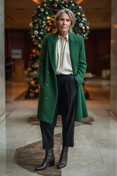 A woman over 50 wears a tailored emerald wool coat, cream silk blouse, black straight trousers, leather ankle boots with a heel
