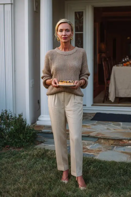 A woman over 50 wears a taupe knit pullover tucked into straight trousers with low heels, holding a small plate of dessert at a Thanksgiving gathering 