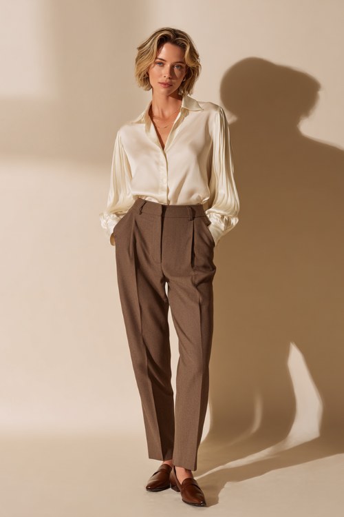 A woman over 50 wears an ivory silk structured blouse with pleated sleeves, tucked into high-waisted tailored trousers with a sharp front crease, paired with leather loafers