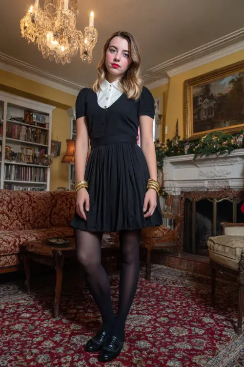A woman wearing a black pleated midi dress, white collared shirt layered underneath, gold bracelet stack, sheer tights, and leather Mary Jane flats, posing in a classic holiday parlor