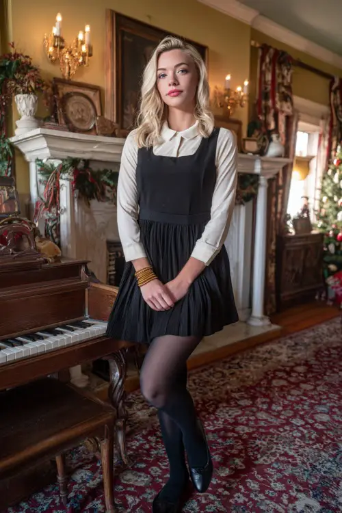 A woman wearing a black pleated midi dress, white collared shirt layered underneath, gold bracelet stack, sheer tights, and leather Mary Jane flats, posing in a classic holiday parlor