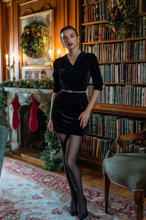 A woman wearing a black velvet midi dress with a pearl belt, sheer tights, and simple heels, standing in a stately library decorated with holiday wreaths 
