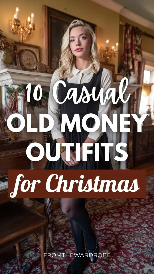 A woman wearing a casual old money outfit with a black pleated midi dress, white collared shirt layered underneath, gold bracelet stack, sheer tights, and leather Mary Jane flats for Christmas
