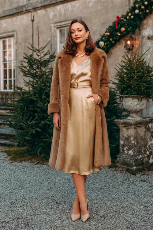 A woman wearing a champagne silk midi dress layered with a classic camel coat, pearl bracelet, and pointed heels, standing outdoors in front of an old estate decorated with winter greenery