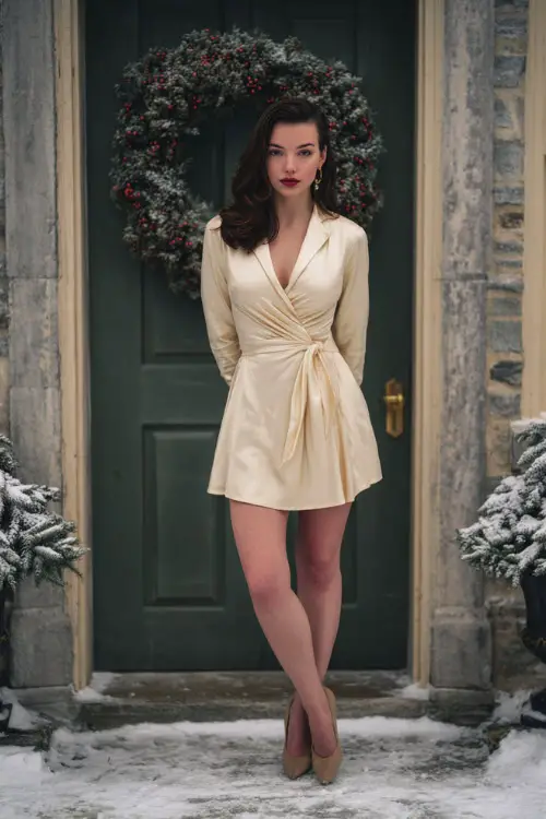 A woman wearing a champagne silk wrap dress, small gold studs, and classic pumps, standing outdoors in front of a historic estate door with a snowy Christmas wreath