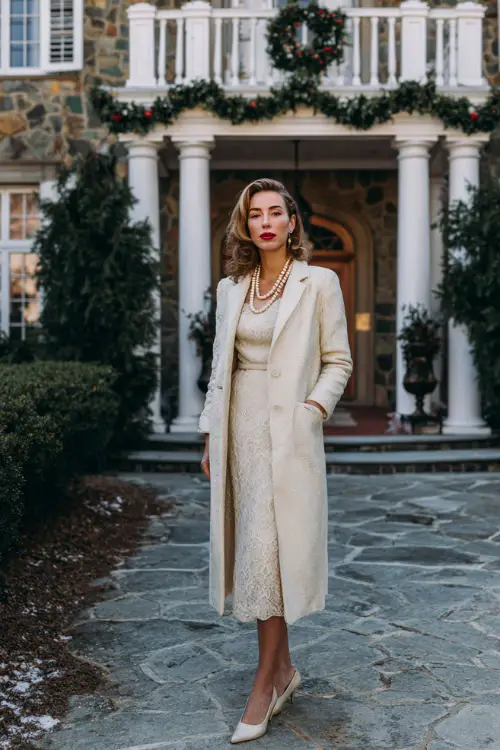 A woman wearing a cream lace midi dress with a structured wool coat draped over her shoulders, pearl necklace, and pointed heels