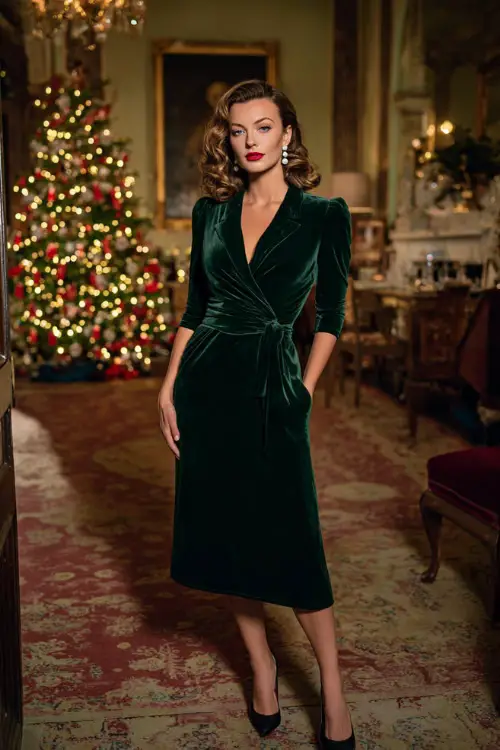 A woman wearing a deep green velvet midi dress with a fitted waist, pearl earrings, classic black heels, and soft curls, standing in an elegant Christmas-decorated mansion 