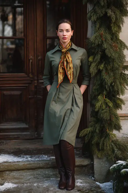 A woman wearing a moss-green long-sleeve shirt dress, structured shoulders, silk scarf tied loosely at the neck, and dark-brown leather riding boots