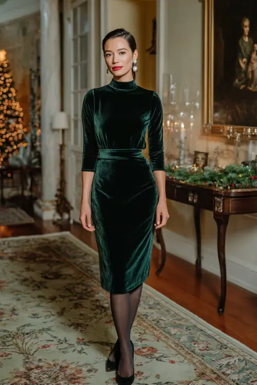 A woman wearing a tailored velvet midi dress in deep emerald with pearl earrings, a sleek low bun, sheer black tights, and classic pointed heels