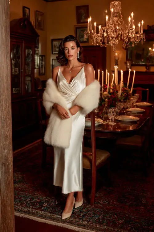 A woman wearing a white satin wrap dress with a soft fur stole, pearl drop earrings, and classic pumps, standing in a candlelit holiday dining room with polished antique details
