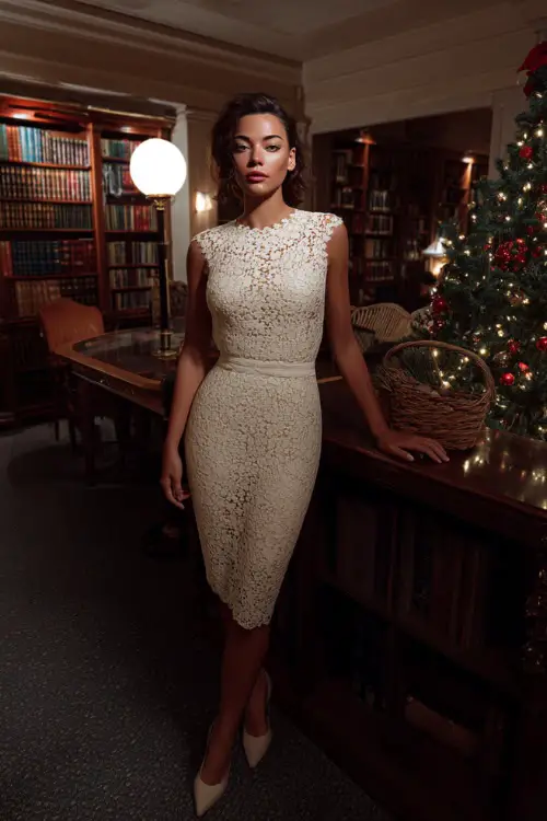 A woman wearing an ivory lace midi dress with scalloped edges, diamond studs, and polished pumps, standing in a refined library with classic Christmas décor
