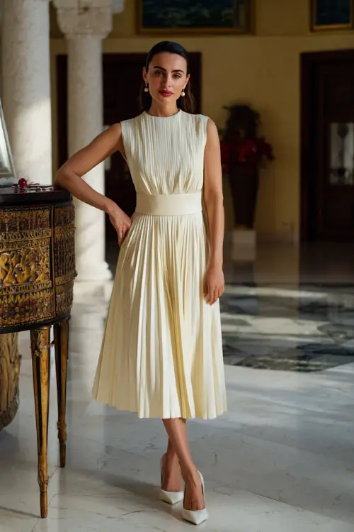 A woman wearing an ivory pleated midi dress with a cinched waist, pearl studs, and classic slingback heels, standing in a grand foyer with subtle holiday accents