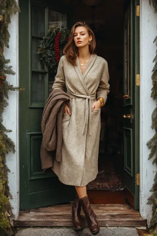 A woman wearing an oatmeal wrap midi dress, gold signet ring, leather boots, and a wool overcoat carried in hand (not worn), posing outside a decorated vintage cottage door