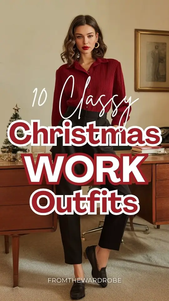 A woman wears a Christmas outfit at work with a deep red knit blouse, high-waist black tapered trousers, classic leather loafers