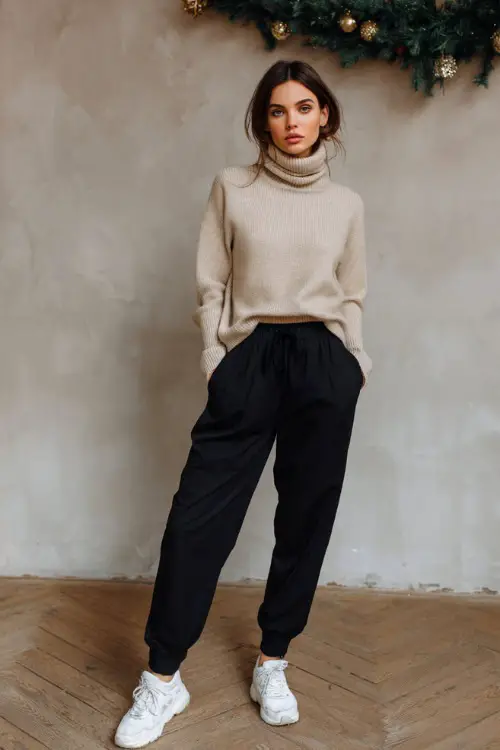 A woman wears a beige wool turtleneck, black relaxed tailored pants, white sneakers, clean apartment wall with subtle Christmas garland, full-body portrait 