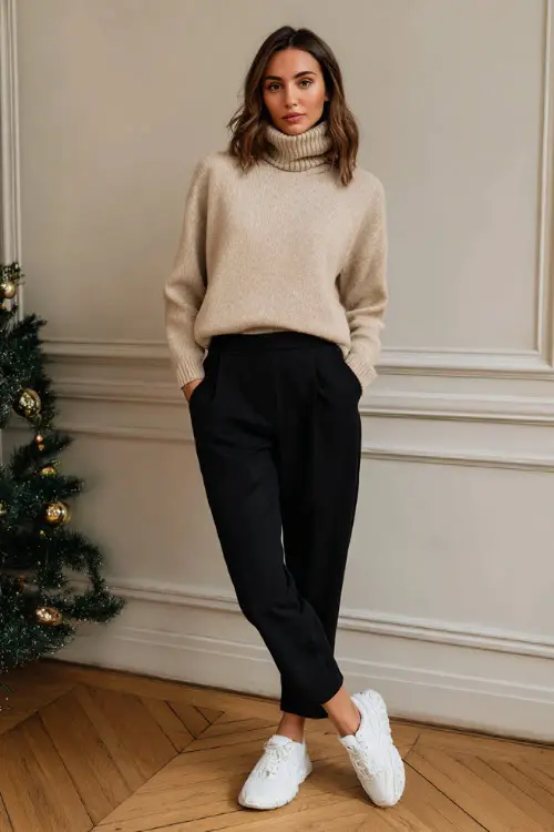 A woman wears a beige wool turtleneck, black relaxed tailored pants, white sneakers, clean apartment wall with subtle Christmas garland, full-body portrait