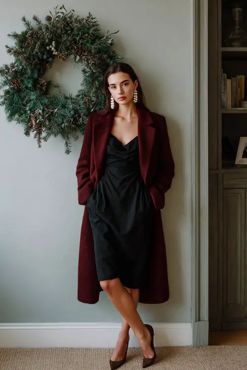 A woman wears a black midi shift dress, burgundy long coat, pearl earrings, closed-toe heels, clean studio-style home office with a framed minimalist Christmas wreath on the wall
