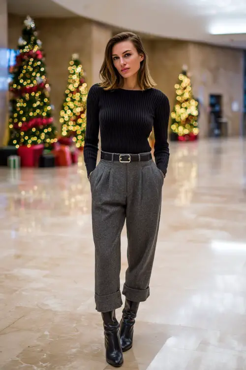 A woman wears a black ribbed sweater tucked into tailored grey trousers, leather belt, block-heel boots, polished city office building lobby decorated for Christmas 