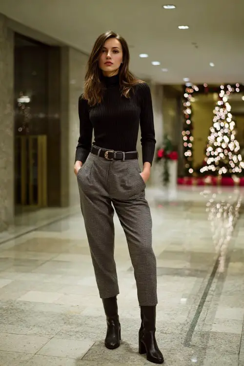 A woman wears a black ribbed sweater tucked into tailored grey trousers, leather belt, block-heel boots, polished city office building lobby decorated for Christmas