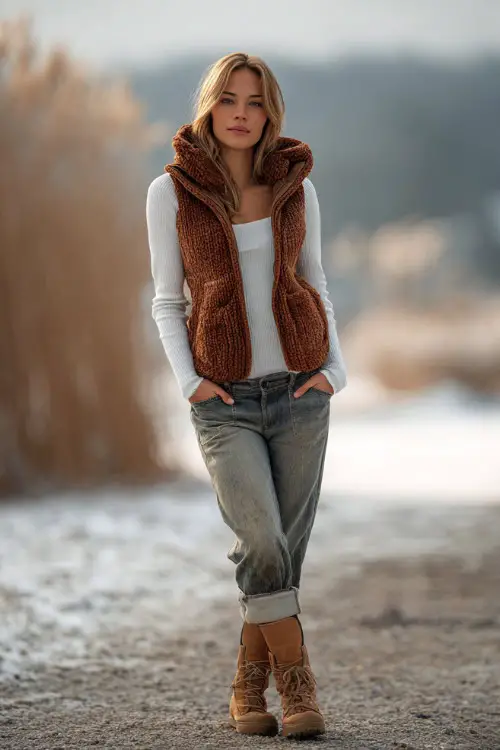 A woman wears a brown knitted vest layered over a white long sleeve top, relaxed jeans, tan boots, quiet winter park with tiny festive ribbon accents in background 