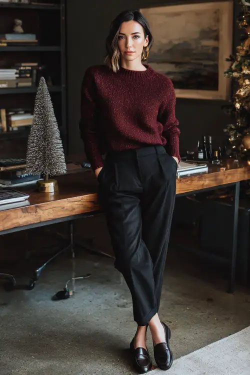 A woman wears a burgundy knit sweater, black straight trousers, leather loafers, modern office desk with a small minimalist Christmas tree on the side