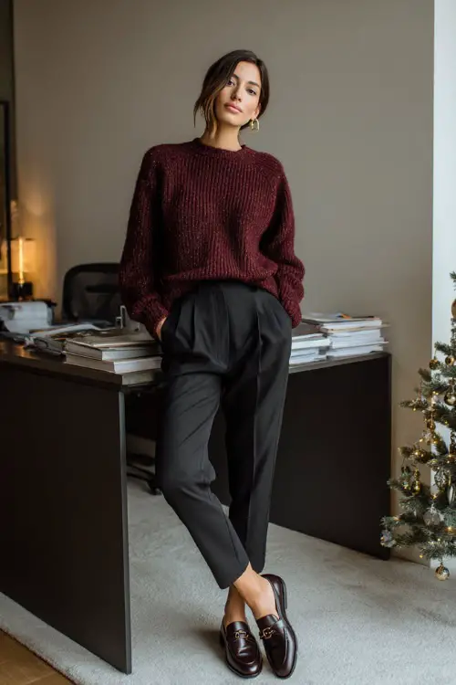 A woman wears a burgundy knit sweater, black straight trousers, leather loafers, modern office desk with a small minimalist Christmas tree on the side