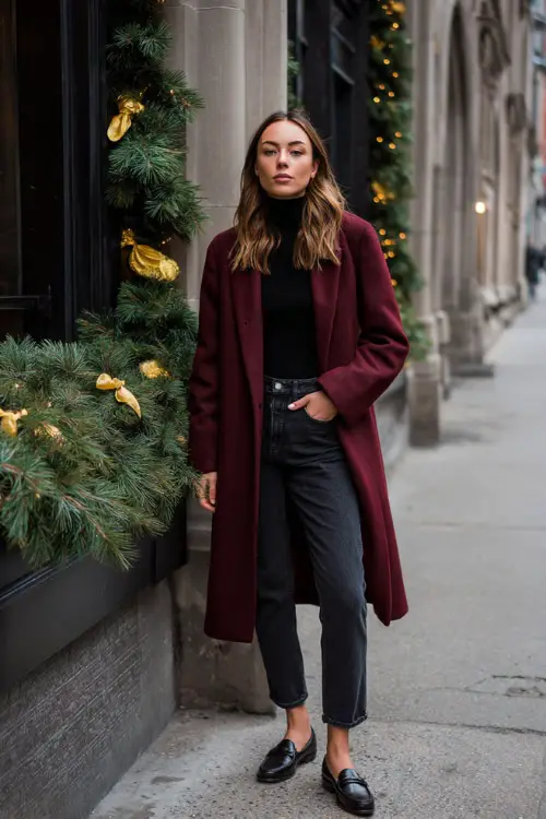 A woman wears a burgundy wool coat over a simple black knit top, straight jeans, leather loafers, minimal city sidewalk Christmas decor behind, full outfit shown 