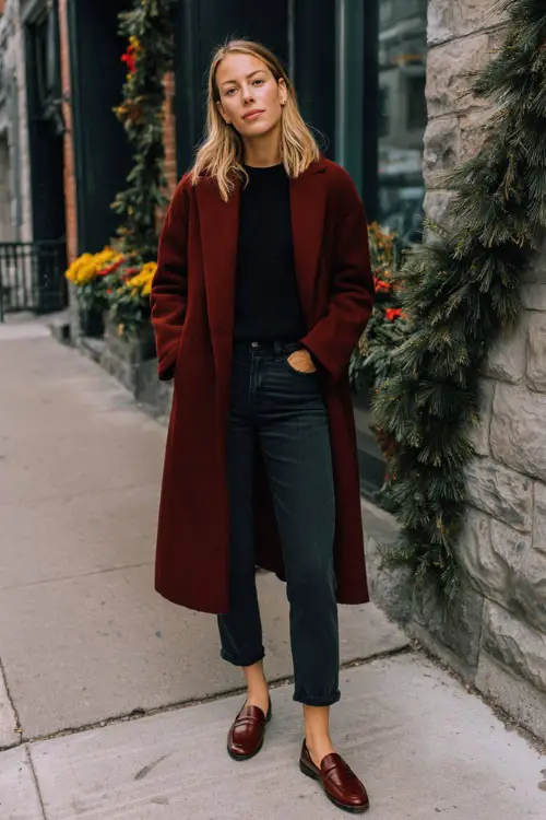 A woman wears a burgundy wool coat over a simple black knit top, straight jeans, leather loafers, minimal city sidewalk Christmas decor behind, full outfit shown 