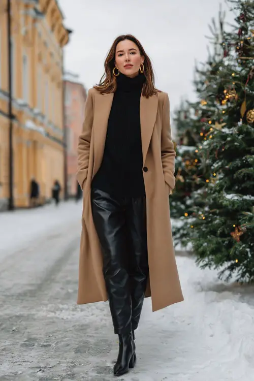 A woman wears a camel cashmere coat over an all-black knit co-set, leather boots with a heel, small gold hoop earrings, elegant snowy street Christmas photoshoot background