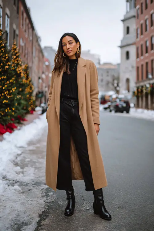 A woman wears a camel cashmere coat over an all-black knit co-set, leather boots with a heel, small gold hoop earrings, elegant snowy street Christmas photoshoot background
