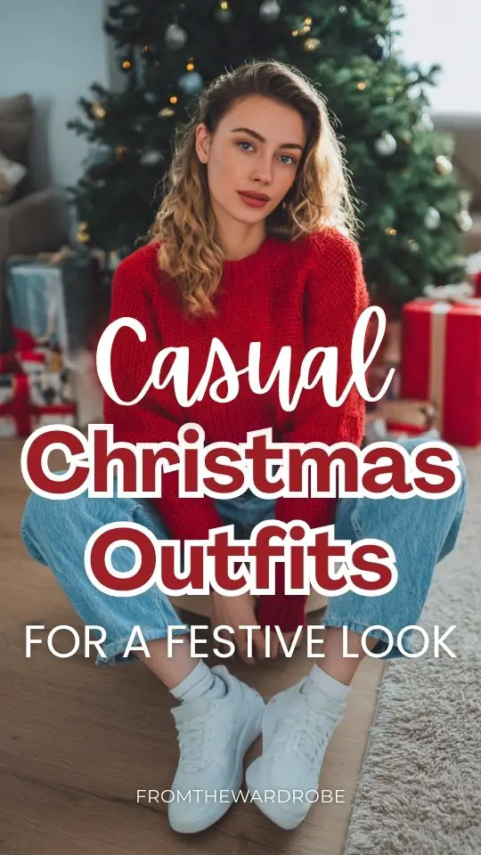 A woman wears a casual Christmas outfit with a cozy red knit sweater, relaxed blue jeans, white sneakers