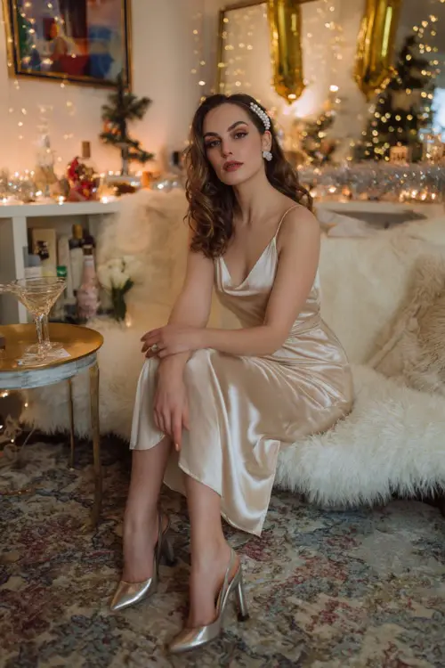 A woman wears a champagne satin midi dress with pearl hair clips, metallic heels, cozy lounge photoshoot ambiance with gold and white Christmas styling