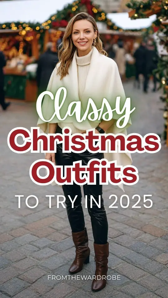 A woman wears a chic ivory wool cape coat, black fitted trousers, leather block-heel boots, festive market setting with wreaths and small holiday stalls