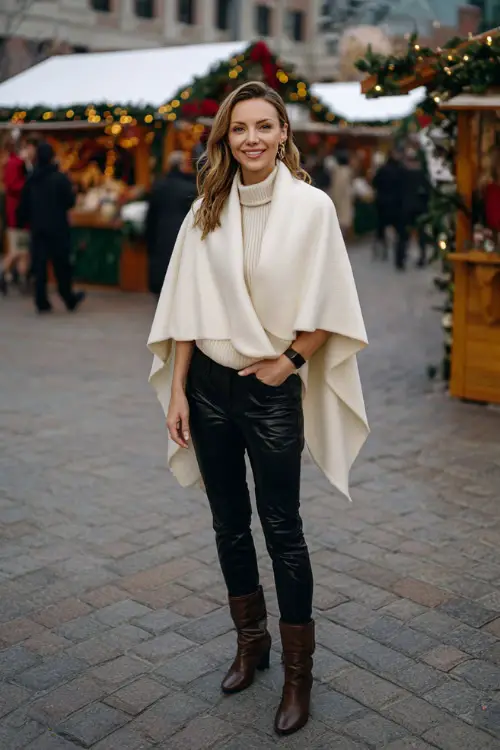 A woman wears a chic ivory wool cape coat, black fitted trousers, leather block-heel boots, festive market setting with wreaths and small holiday stalls
