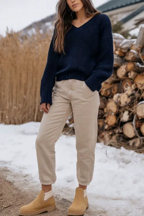A woman wears a chic navy ribbed sweater, beige comfy pants, tan slip-on boots, snowy but subtle outdoor background with minimal holiday props, outfit fully visible 